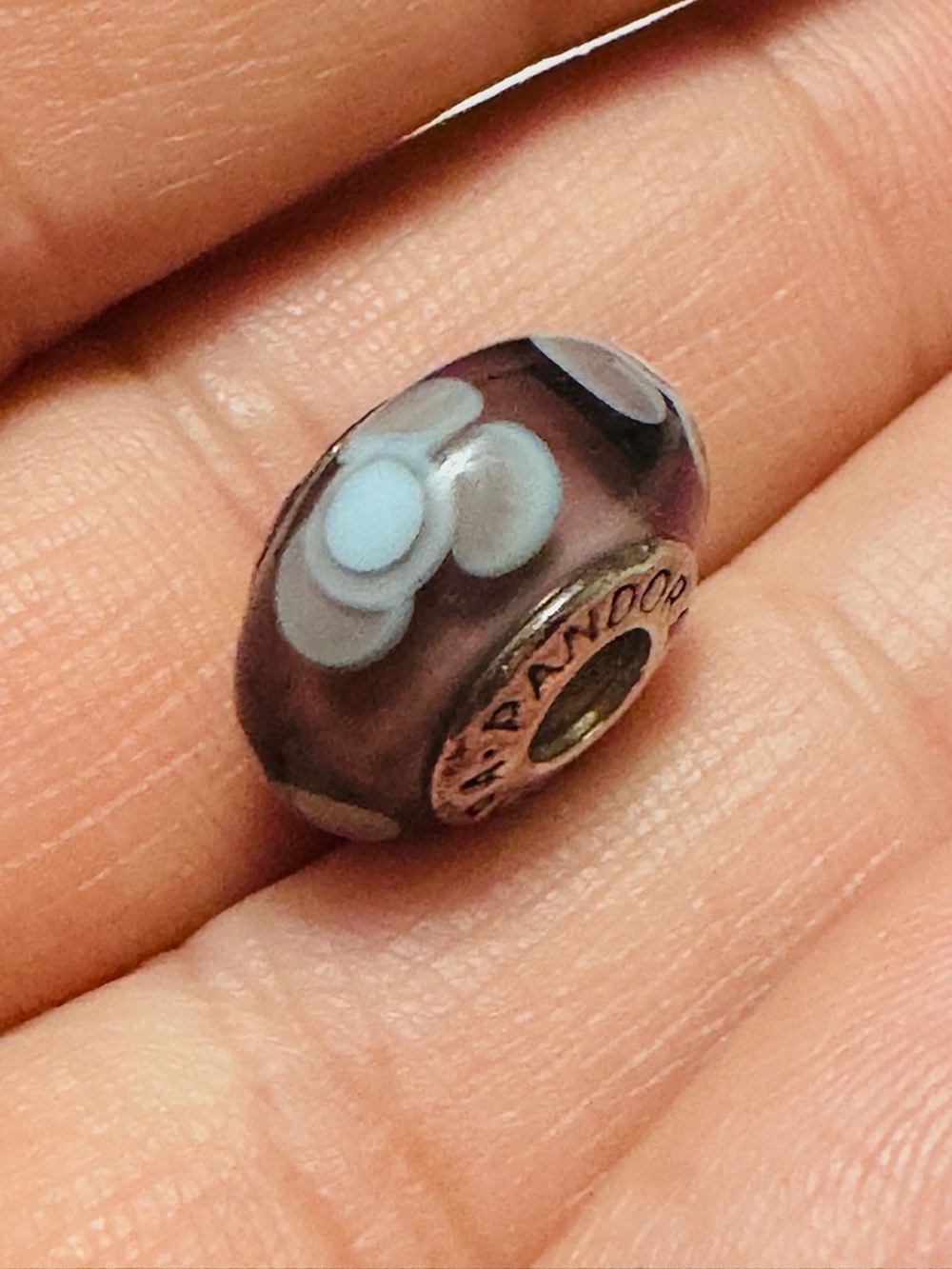 Pandora Silver Purple Glass Flower Bead Charm, Round Bracelet Accessory - Picture 3 of 3